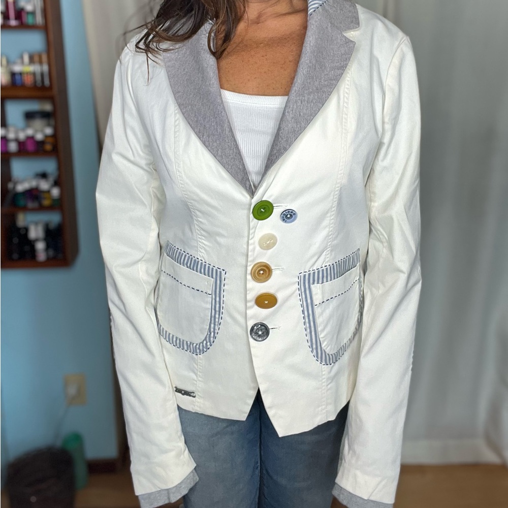 Desigual Cream & Gray Jacket Blazer w/blue striped accents  Size 42